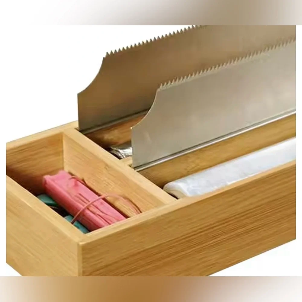 Plastic Wrap & Foil wrap Dispenser Bamboo Cling Film Storage Box With Cutter